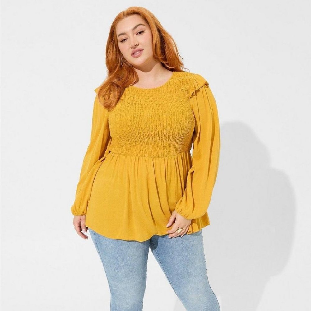 TORRID Mineral Yellow Peplum Crinkle Gauze Smocked Top